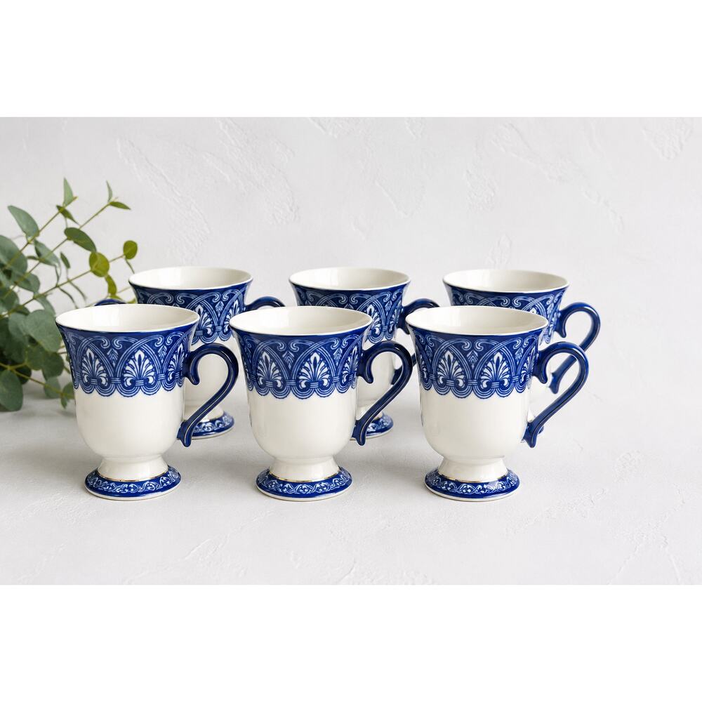 Vintage Bombay Blue White Tea Cups Set of 6 Silver Pedestal Mugs Cottagecore EUC